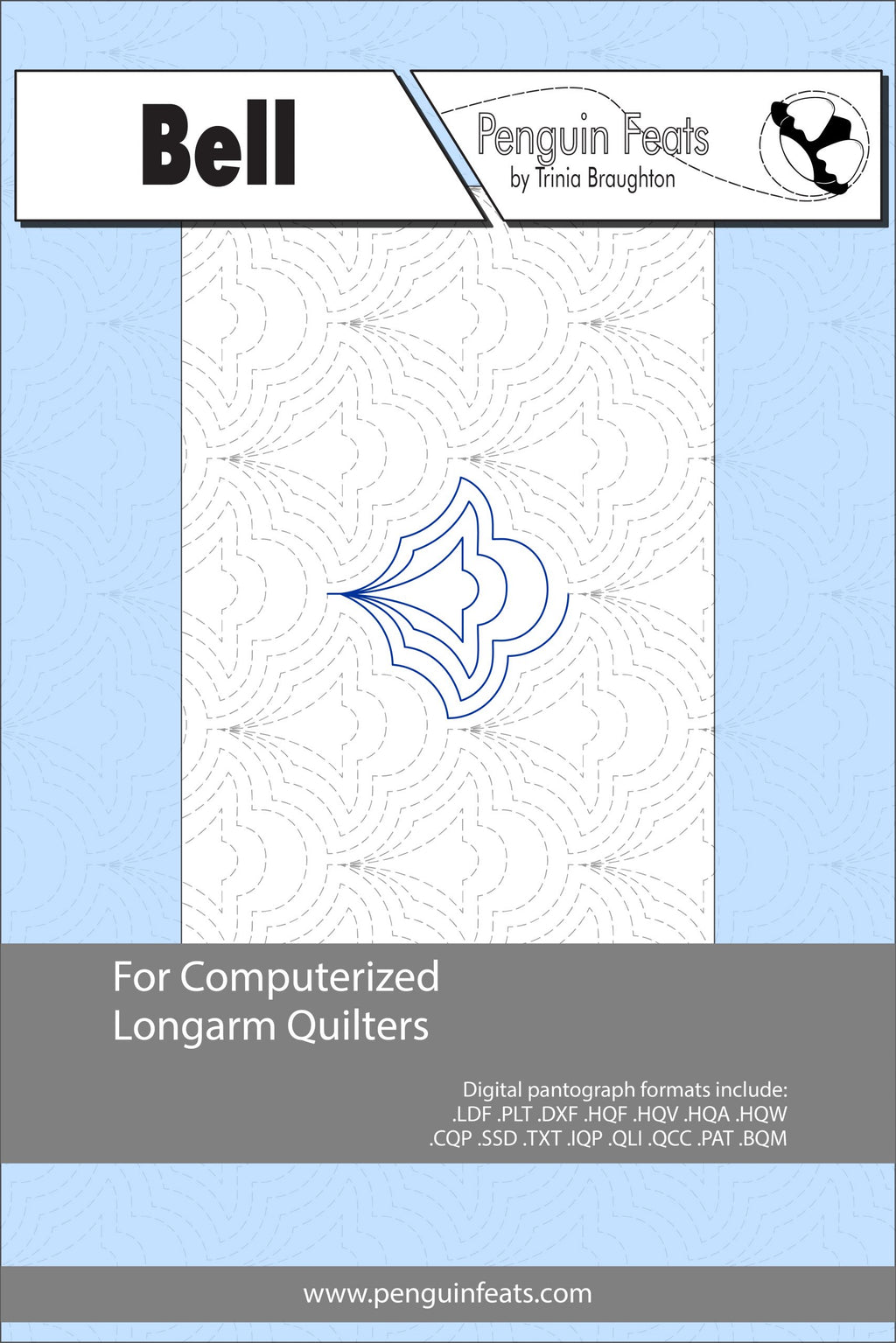 Quilting design sheet titled 'Bell' by Trinia Braughton with a blue and gray design on a light blue background.