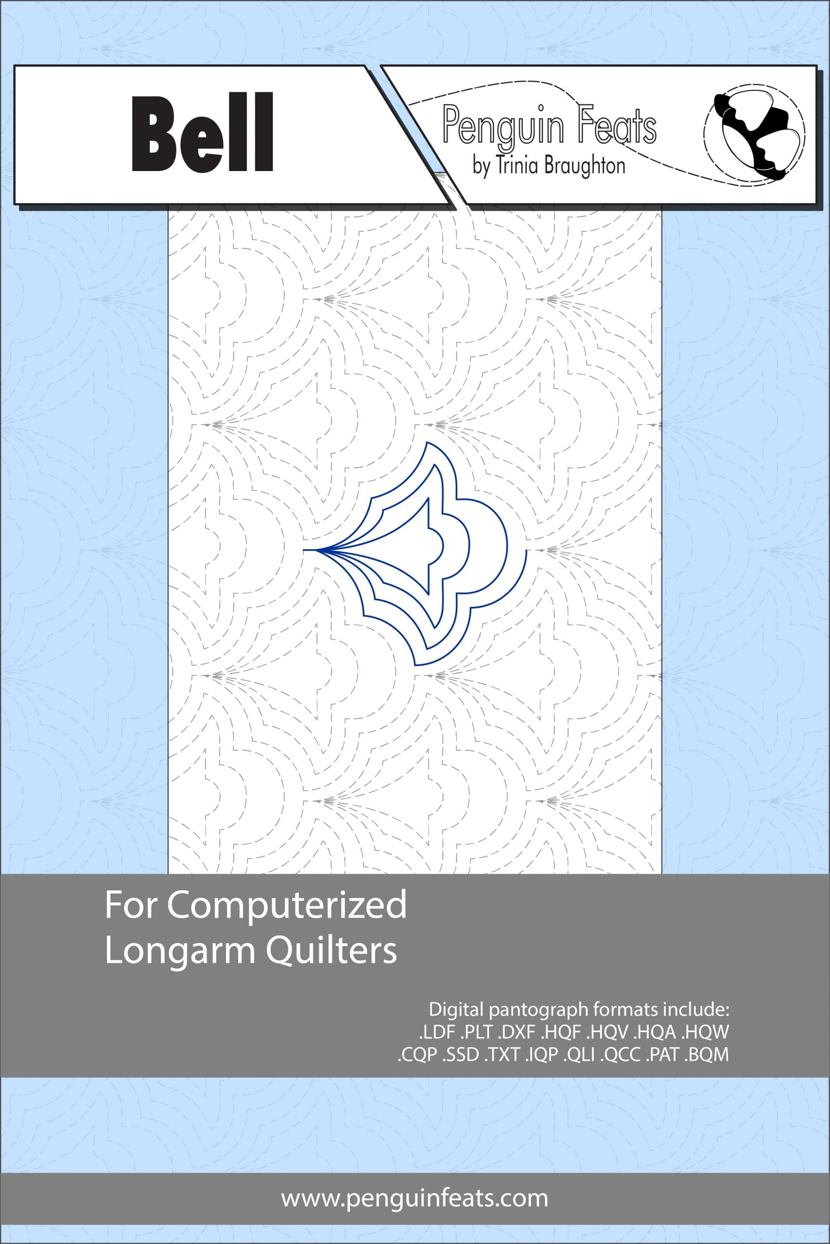 Quilting design sheet titled 'Bell' by Trinia Braughton with a blue and gray design on a light blue background.
