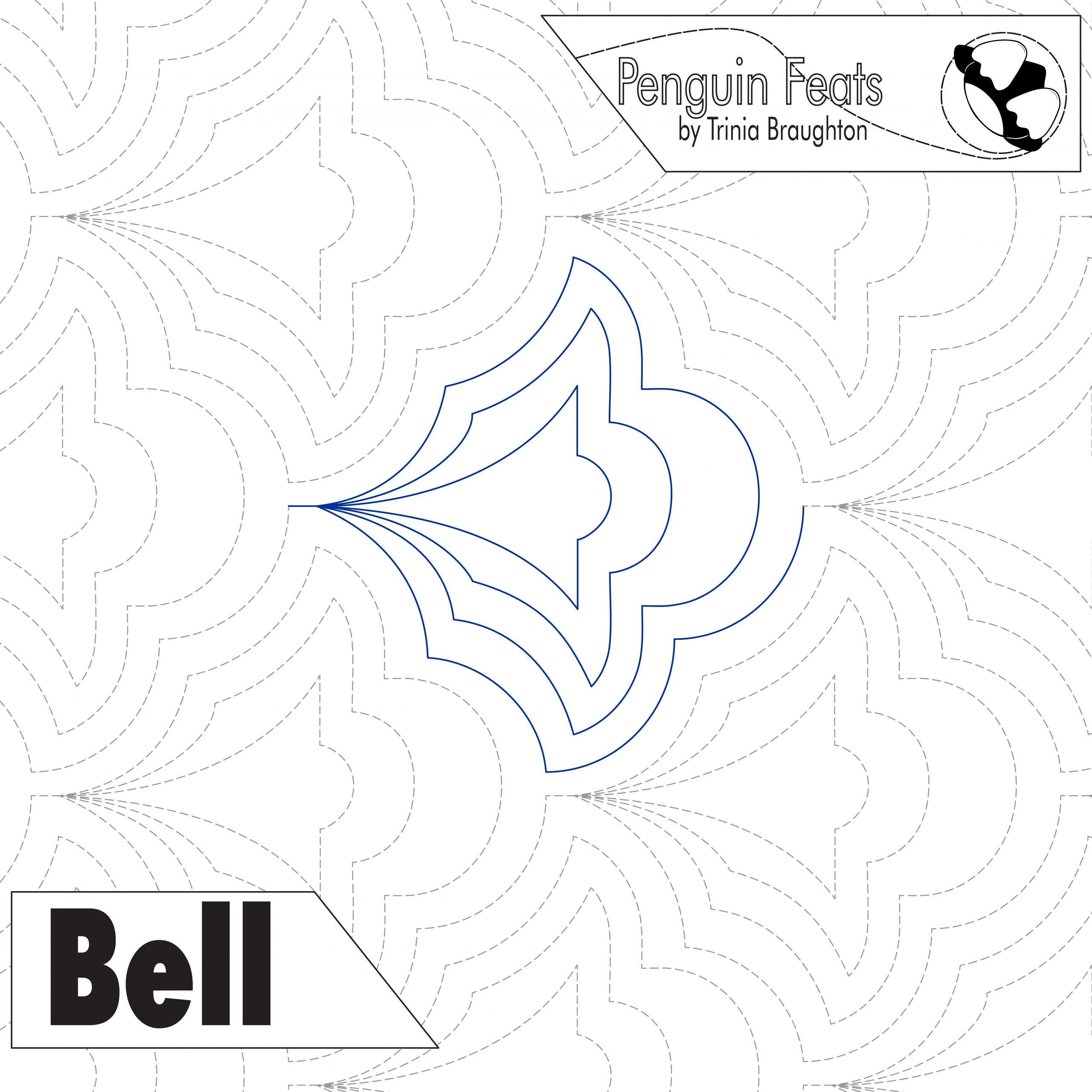 Continuous line design of echoing bell shapes with 'Bell' labeled and 'Penguin Feats' branding.