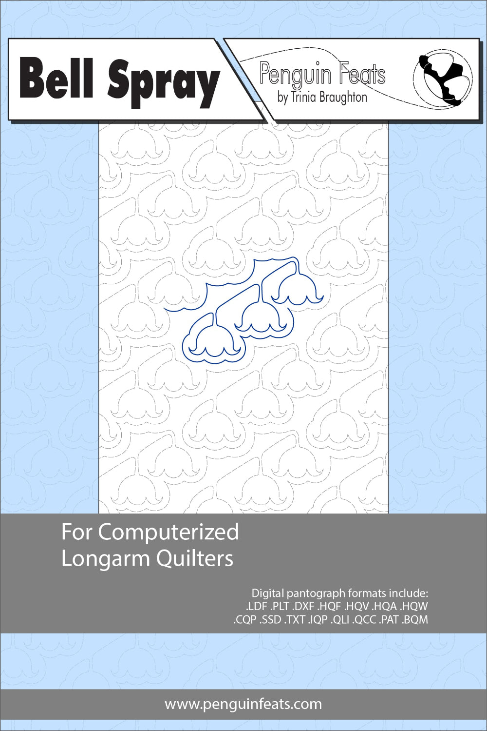 Bell Spray quilting design information  with blue and gray design on a light blue background