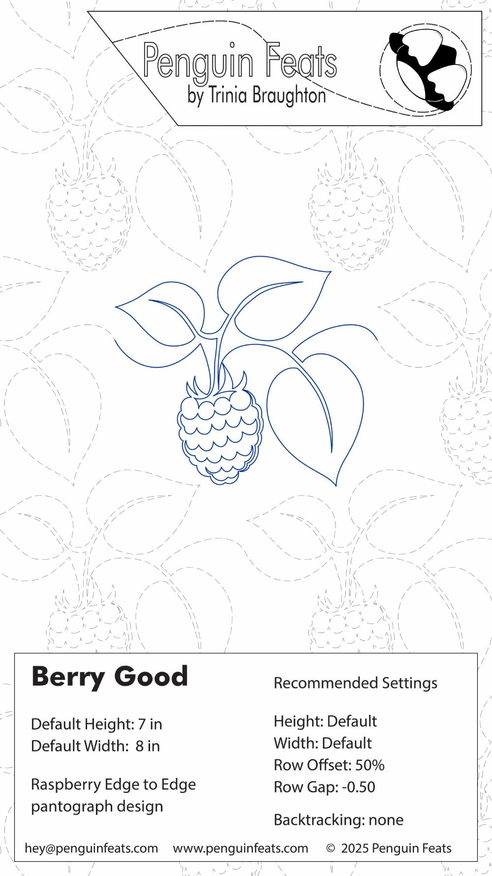 Outline of a raspberry with leaves on a textured background, featuring the 'Penguin Feats' logo.
