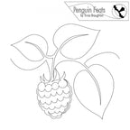 Outline of a raspberry with leaves on a white background, featuring the 'Penguin Feats' logo.