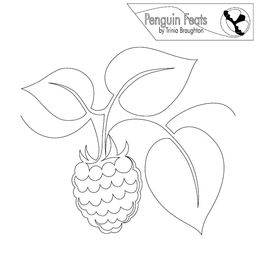 Outline of a raspberry with leaves on a white background, featuring the 'Penguin Feats' logo.