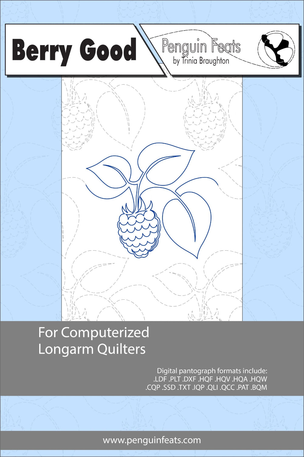Design for computerized longarm quilters with a raspberry illustration on a light blue background.