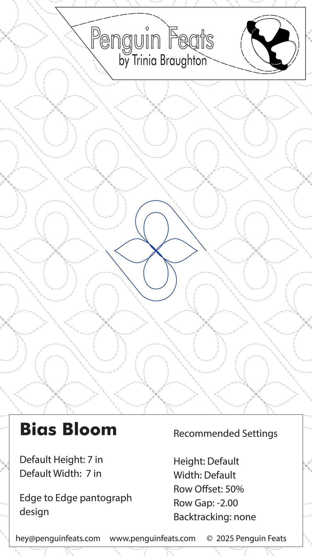 Quilting design pattern for 'Bias Bloom' by Trinia Braughton with recommended settings on a white background.