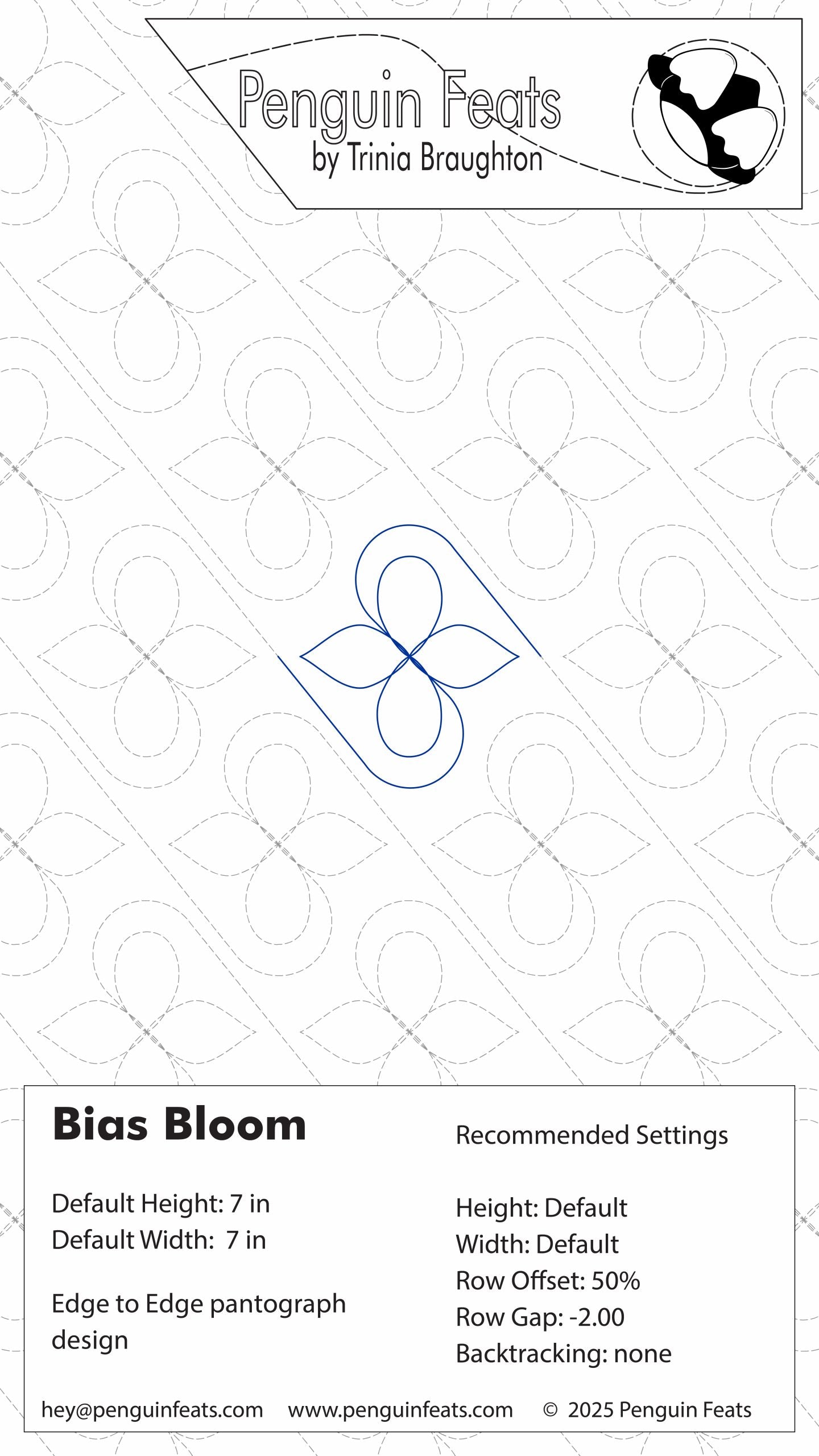 Quilting design pattern for 'Bias Bloom' by Trinia Braughton with recommended settings on a white background.