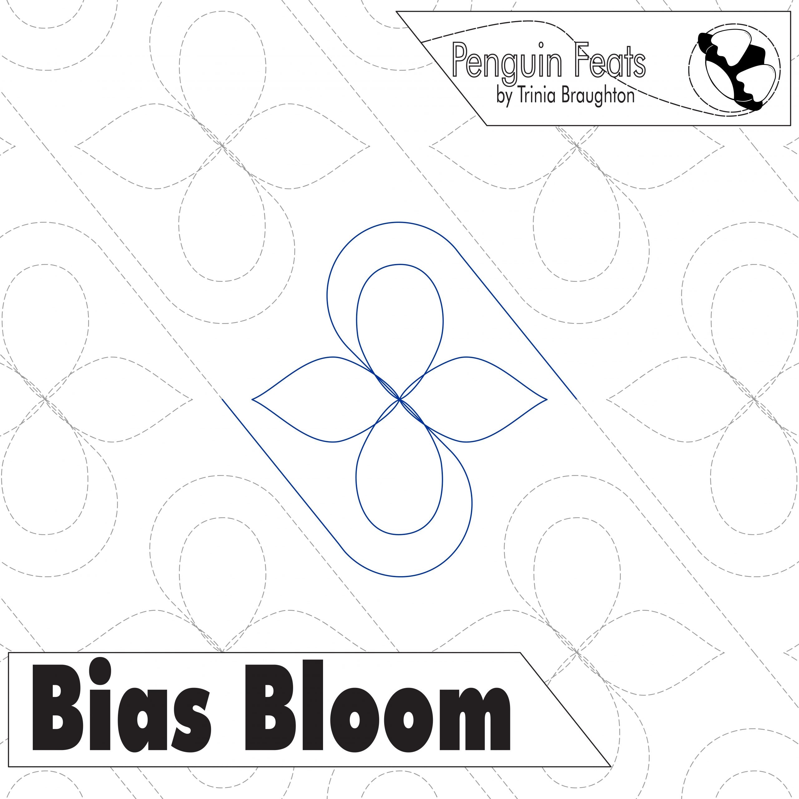 Quilting pattern with 'Bias Bloom' design and 'Penguin Feats' branding.