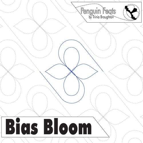 Quilting pattern with 'Bias Bloom' design and 'Penguin Feats' branding.
