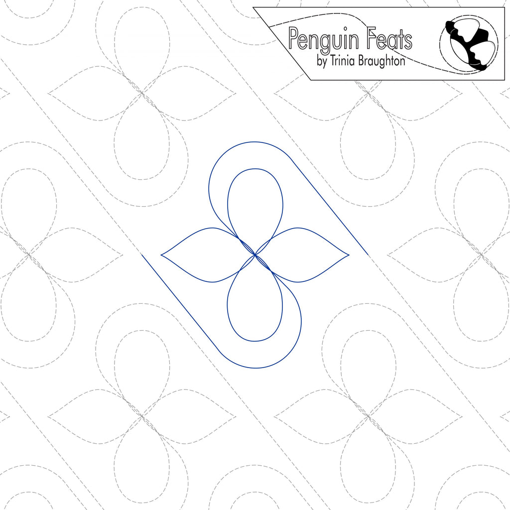 Quilting design with geometric pattern on a white background, featuring 'Penguin Feats' by Trinia Braughton.