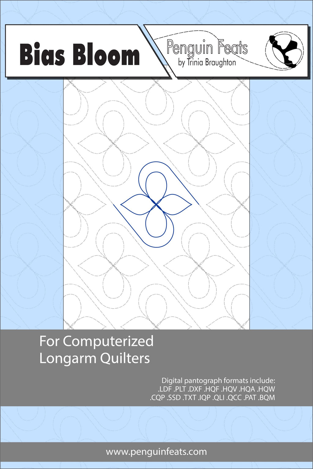 Quilting pattern sheet titled 'Bias Bloom' by Penguin Feats on a light blue background.