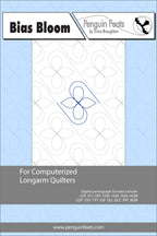 Quilting pattern sheet titled 'Bias Bloom' by Penguin Feats on a light blue background.