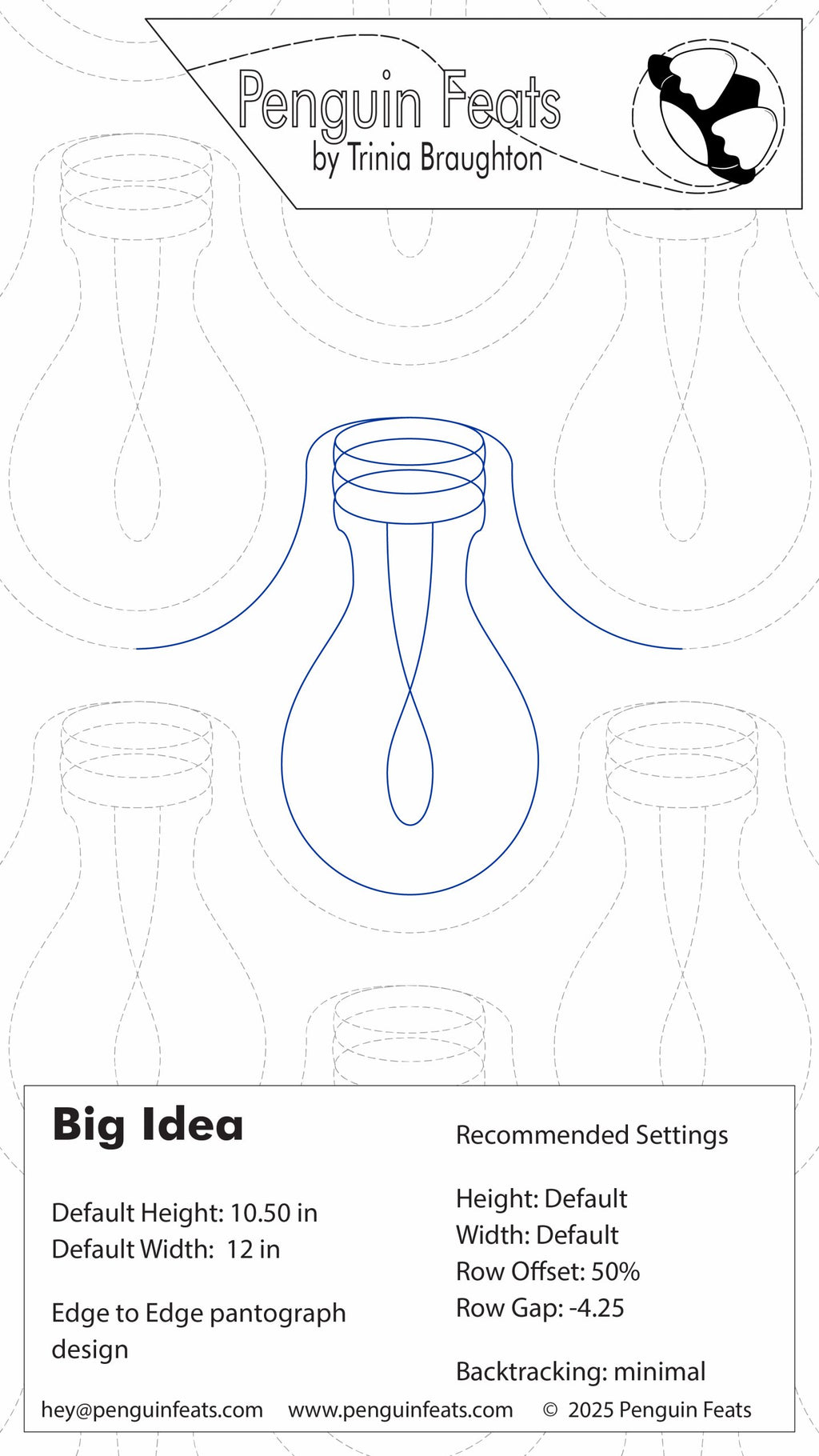 Outline of a light bulb with 'Penguin Feats' branding at the top and design settings.