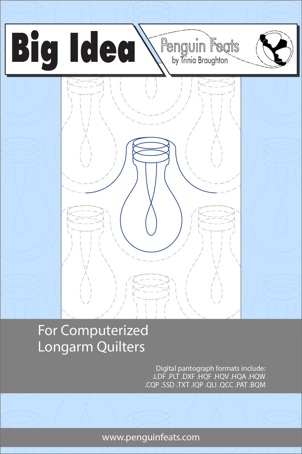 Quilting sheey with a light bulb design on a light blue background