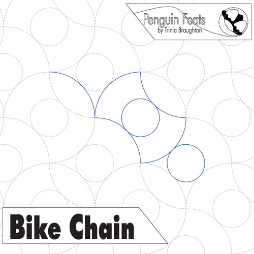 Design template for a bike chain with circular patterns and 'Penguin Feats' branding.
