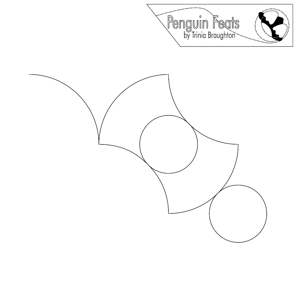 Continuous line design of circles and arcs with 'Penguin Feats' branding at the top.