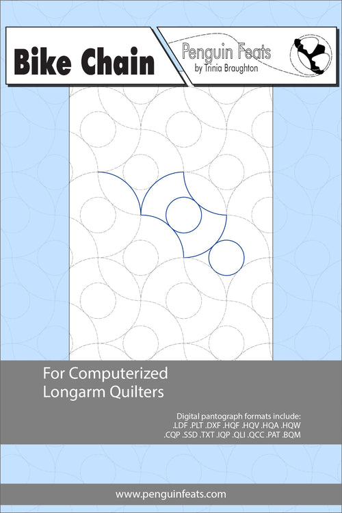 Bike chain pattern for computerized longarm quilters with a blue and gray design on a light blue background.