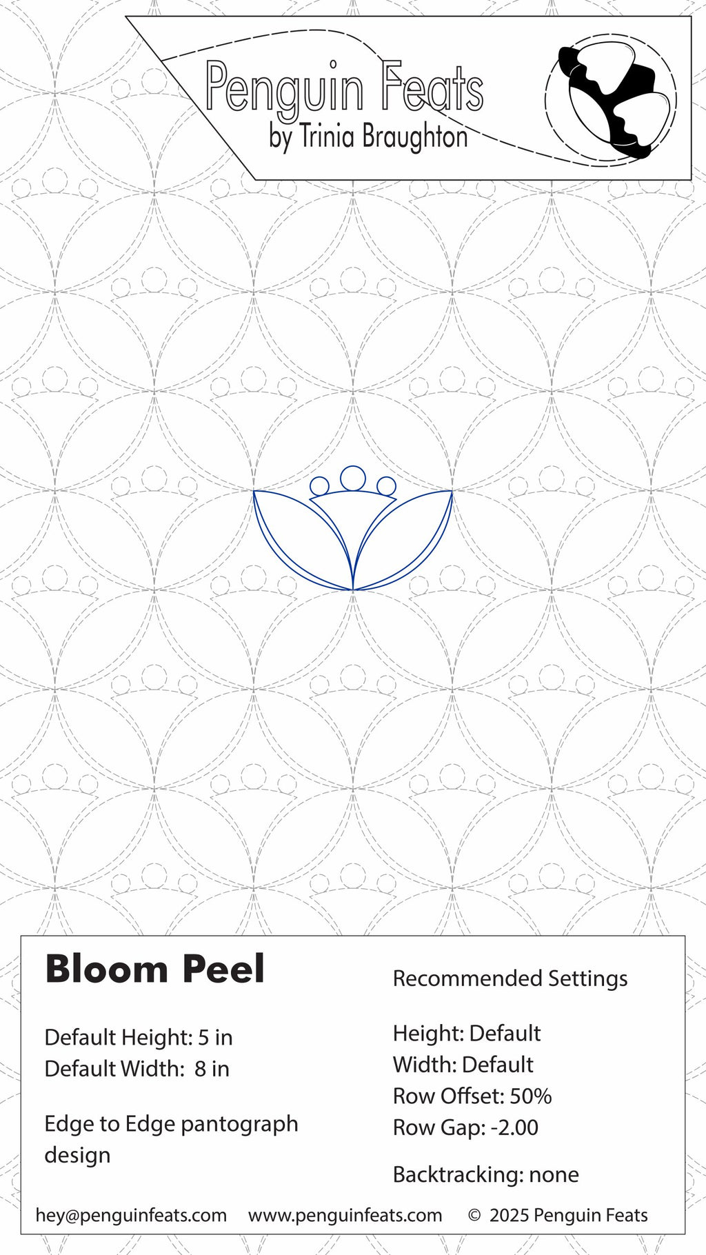 Design sheet for 'Bloom Peel' with geometric patterns and text on a white background