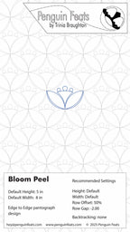 Design sheet for 'Bloom Peel' with geometric patterns and text on a white background