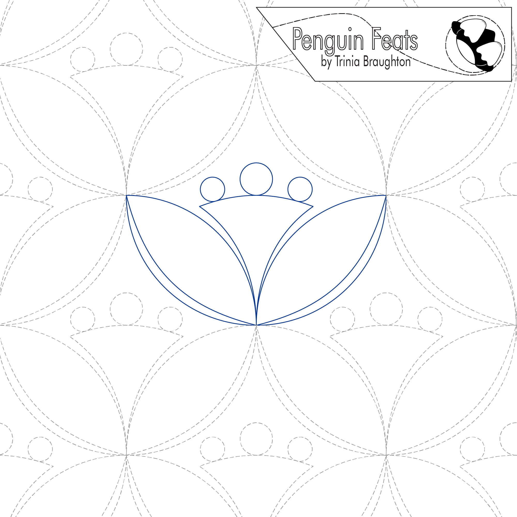 Continuous line design of leaves and flute shape and circles with 'Penguin Feats' by Trinia Braughton in the corner.