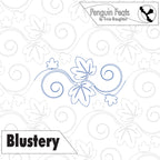 Decorative swirly leaf design with 'Penguin Feats' and 'Blustery' text on a white background