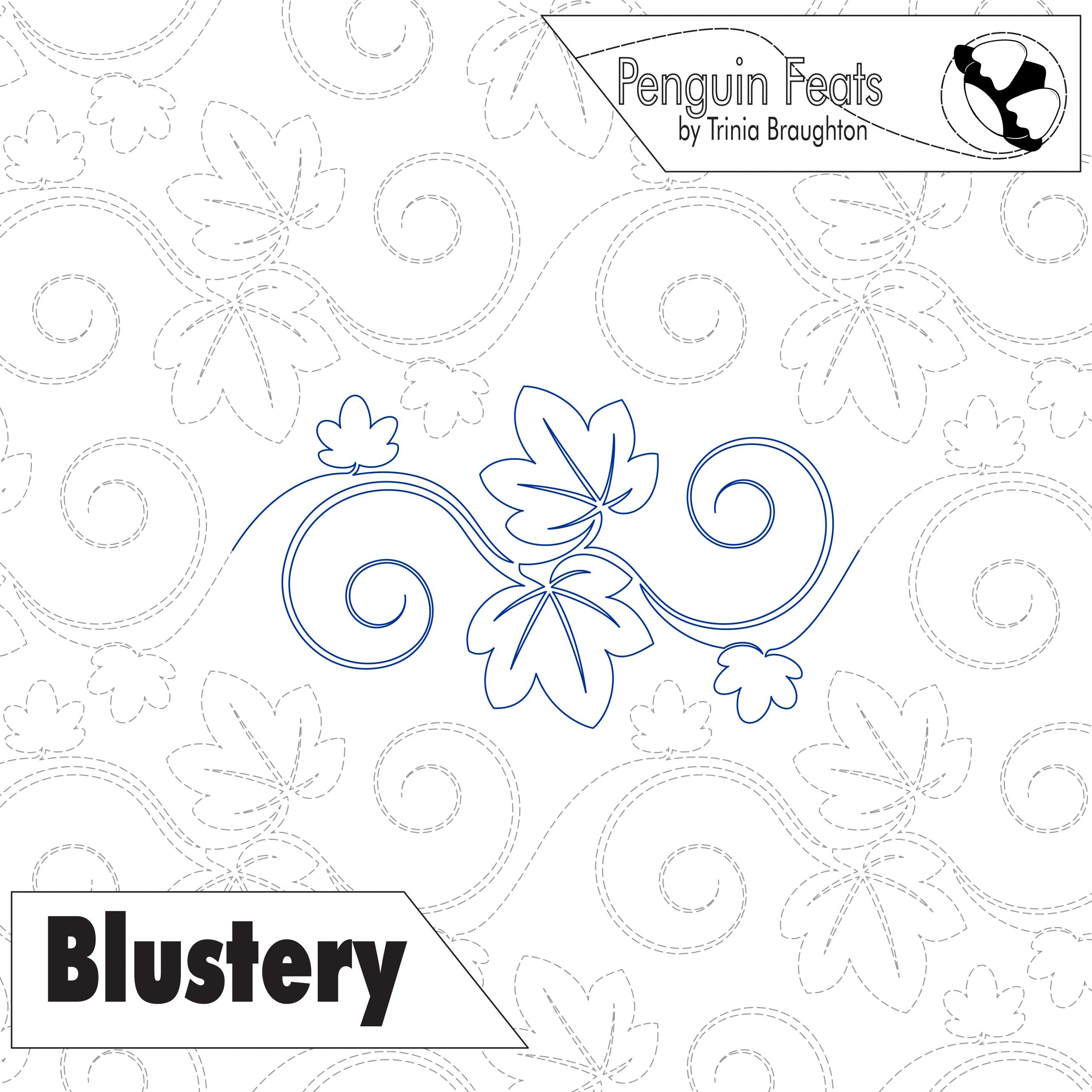 Decorative swirly leaf design with 'Penguin Feats' and 'Blustery' text on a white background