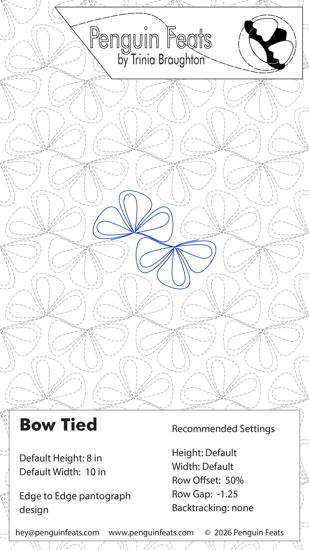 A quilting pattern design sheet titled Bow Tied from 'Penguin Feats by Trinia Broughton' showing a bow-tied ribbon outline in blue on a white background with dashed repeated quilt lines. Includes  'Recommended Settings' box at the bottom.