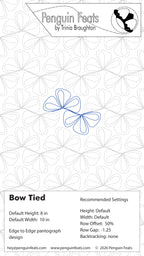 A quilting pattern design sheet titled Bow Tied from 'Penguin Feats by Trinia Broughton' showing a bow-tied ribbon outline in blue on a white background with dashed repeated quilt lines. Includes  'Recommended Settings' box at the bottom.