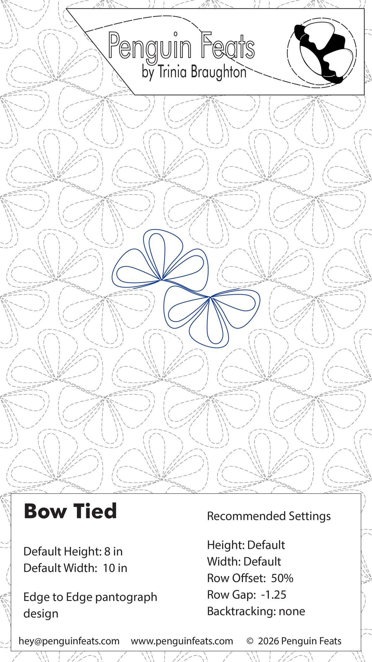 A quilting pattern design sheet titled Bow Tied from 'Penguin Feats by Trinia Broughton' showing a bow-tied ribbon outline in blue on a white background with dashed repeated quilt lines. Includes  'Recommended Settings' box at the bottom.