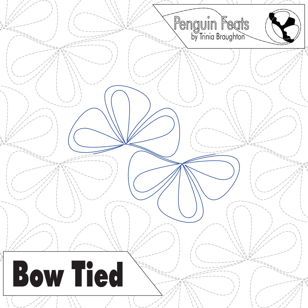 Digital quilting pattern preview titled 'Bow Tied' by Penguin Feats, featuring blue outline stitching of two bow-like floral shapes on a white background with dashed gray guidance patterns and branding text.