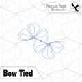 Digital quilting pattern preview titled 'Bow Tied' by Penguin Feats, featuring blue outline stitching of two bow-like floral shapes on a white background with dashed gray guidance patterns and branding text.