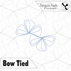 Digital quilting pattern preview titled 'Bow Tied' by Penguin Feats, featuring blue outline stitching of two bow-like floral shapes on a white background with dashed gray guidance patterns and branding text.