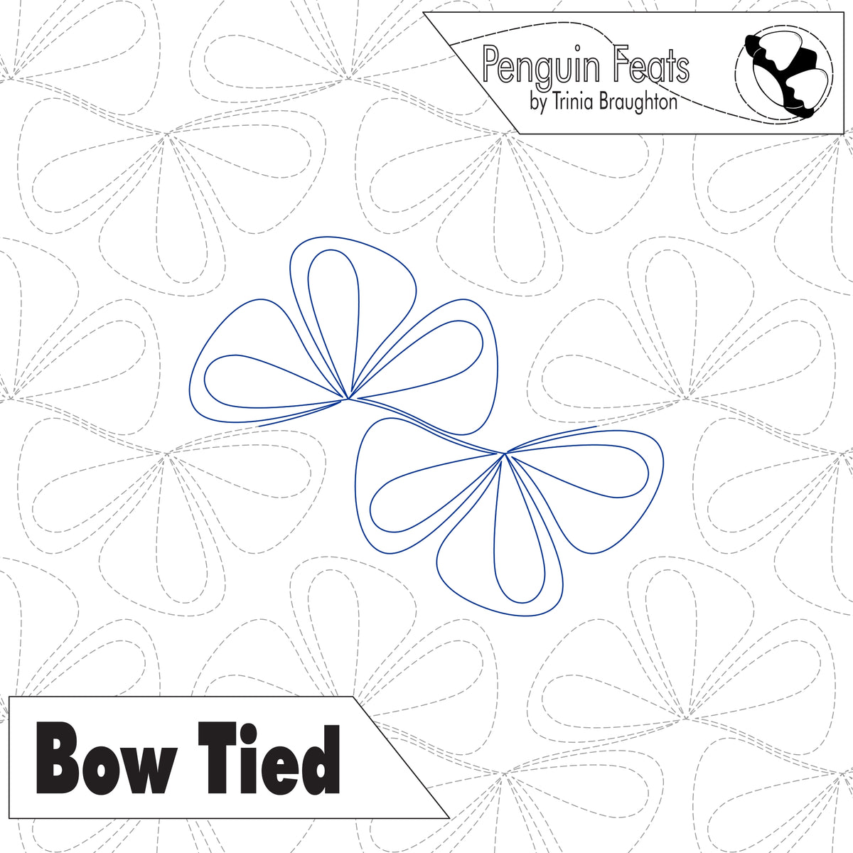 Digital quilting pattern preview titled 'Bow Tied' by Penguin Feats, featuring blue outline stitching of two bow-like floral shapes on a white background with dashed gray guidance patterns and branding text.