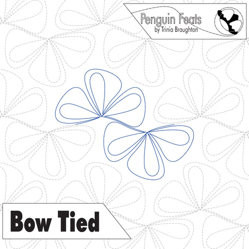 Digital quilting pattern preview titled 'Bow Tied' by Penguin Feats, featuring blue outline stitching of two bow-like floral shapes on a white background with dashed gray guidance patterns and branding text.