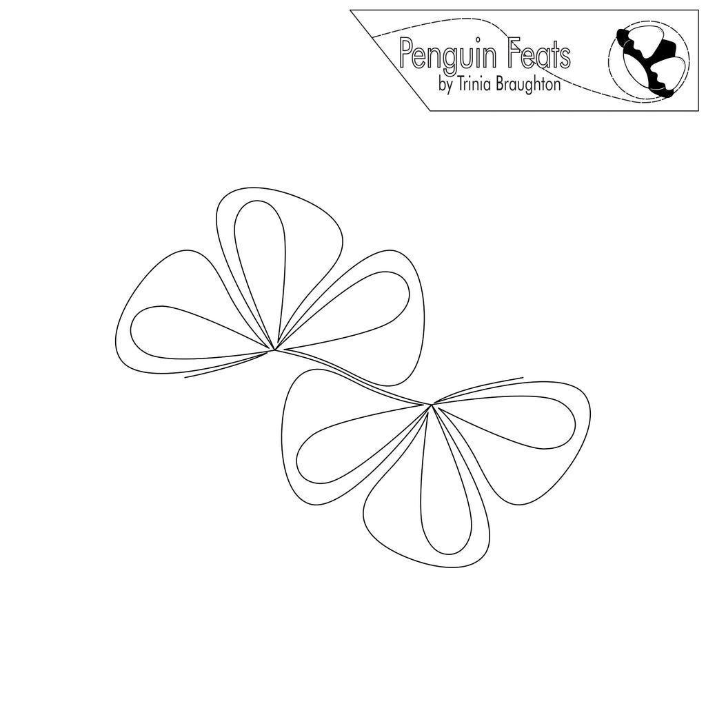 Black line art of a double bow  shown on a white background with the text 'Penguin Feats by Trinia Braughton' in the top right.