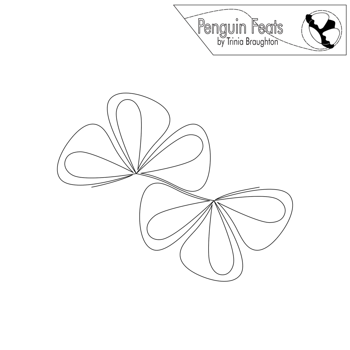 Black line art of a double bow  shown on a white background with the text 'Penguin Feats by Trinia Braughton' in the top right.