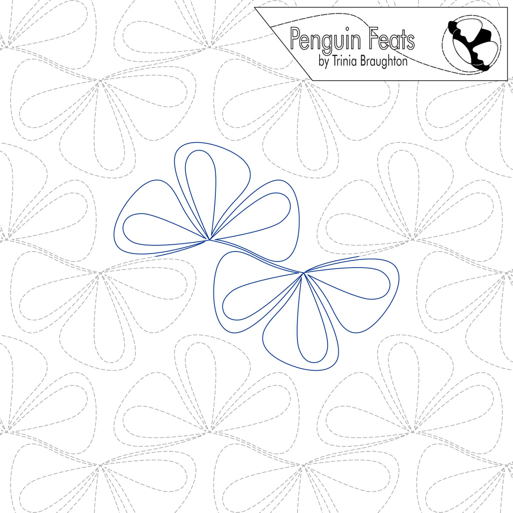 A quilting pattern design sheet titled 'Penguin Feats by Trinia Braughton' showing blue outline stitching of two bow shapes over a white background with light gray dashed quilting patterns.