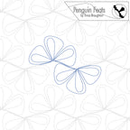 A quilting pattern design sheet titled 'Penguin Feats by Trinia Braughton' showing blue outline stitching of two bow shapes over a white background with light gray dashed quilting patterns.