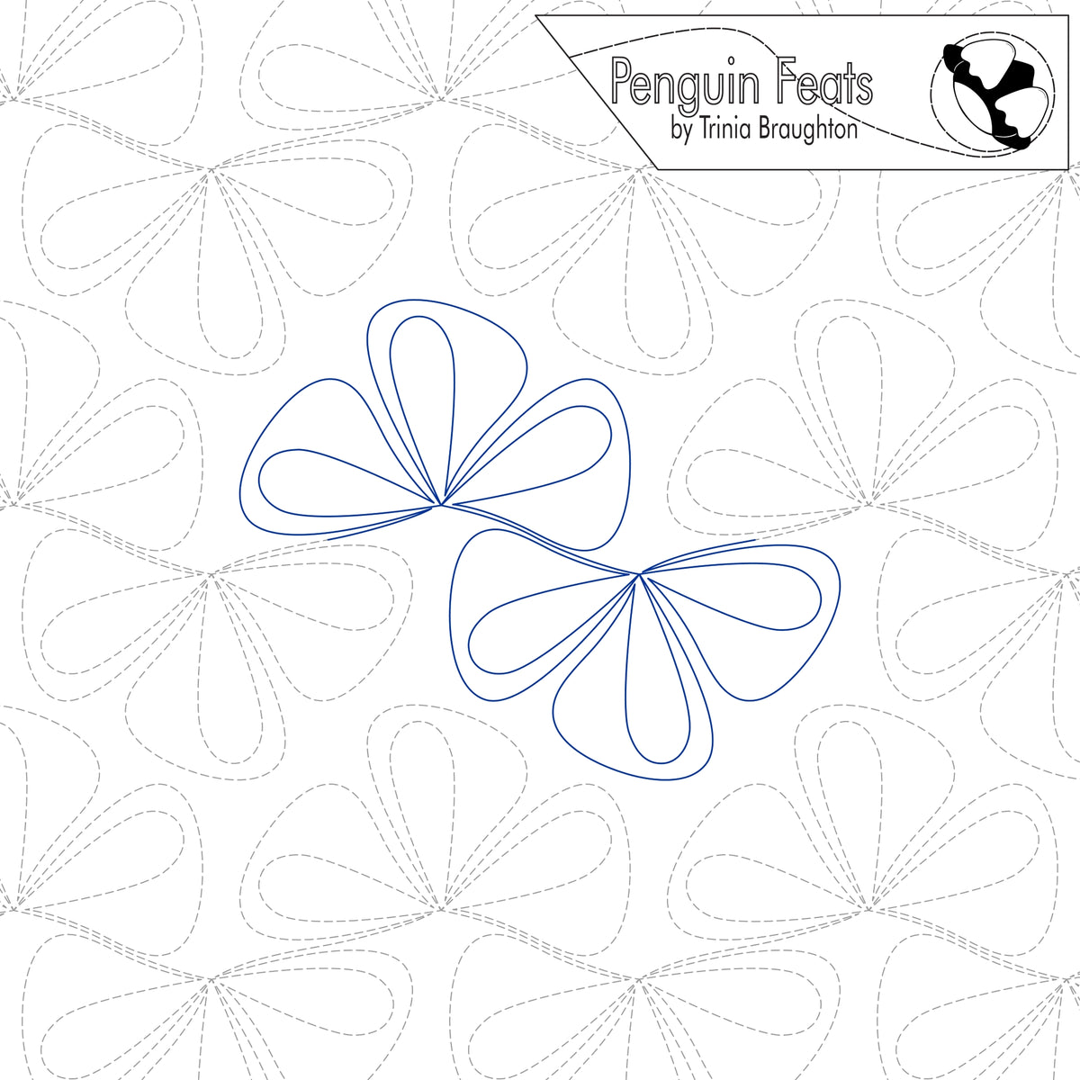 A quilting pattern design sheet titled 'Penguin Feats by Trinia Braughton' showing blue outline stitching of two bow shapes over a white background with light gray dashed quilting patterns.