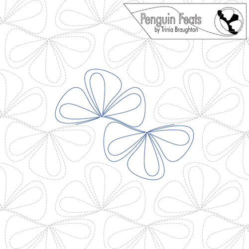 A quilting pattern design sheet titled 'Penguin Feats by Trinia Braughton' showing blue outline stitching of two bow shapes over a white background with light gray dashed quilting patterns.