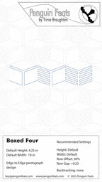 Design settings for Boxed Four design with dimensions and settings on a white background