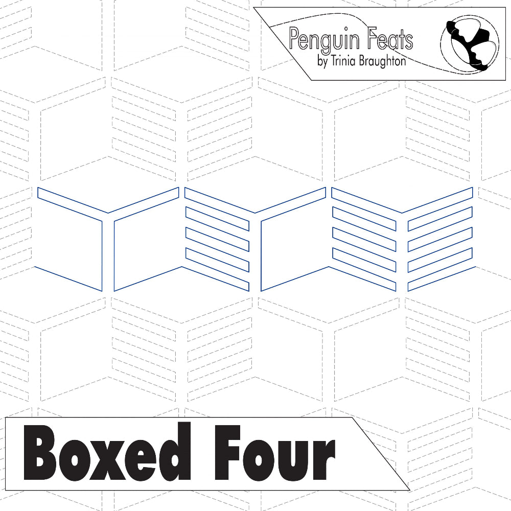 Continuous line design of  'Boxed Four' by Penguin Feats with geometric design and text.