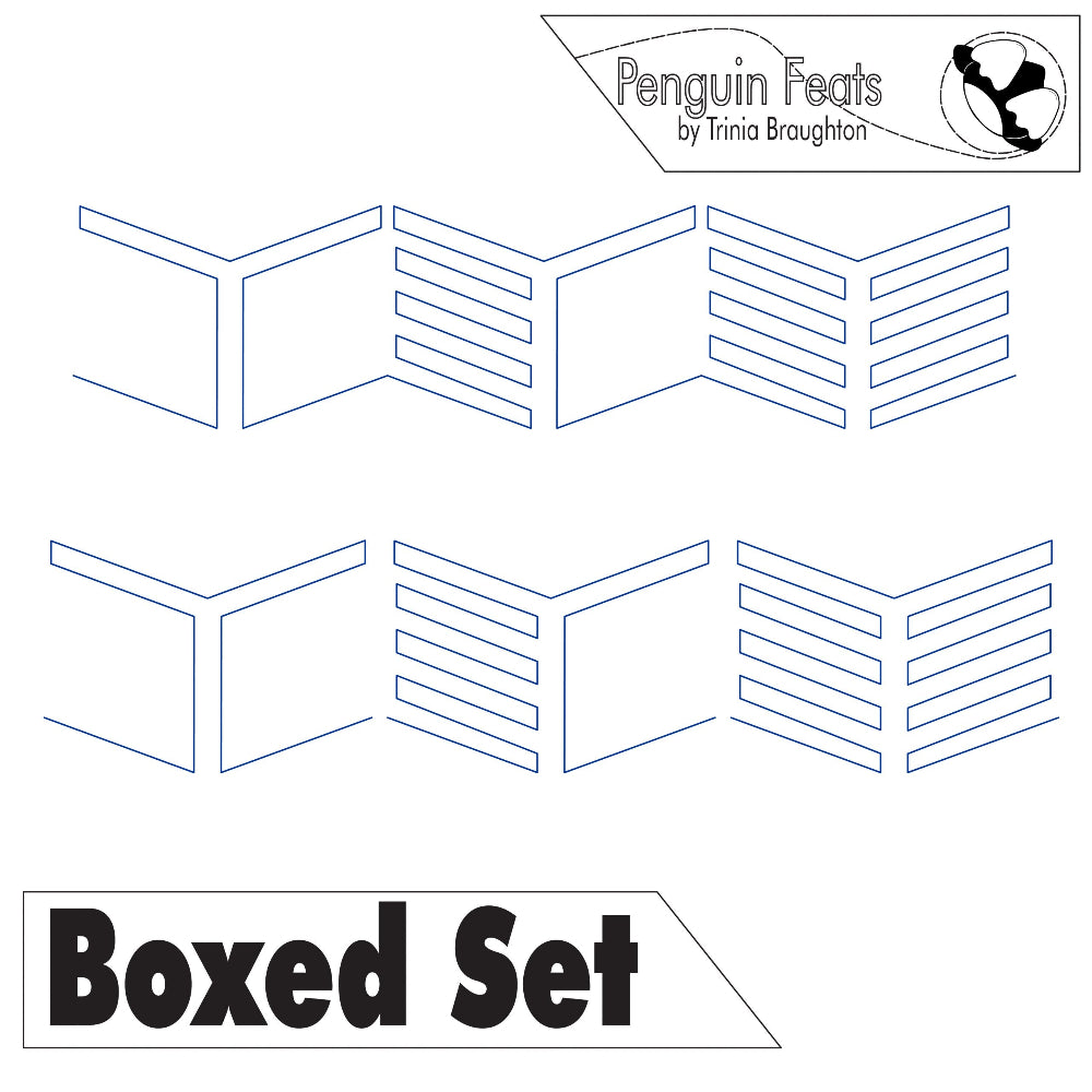 Continuous line in blue of a boxed set with 'Penguin Feats' logo and text at the top.