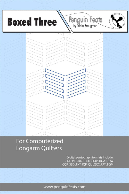 Penguin Feats design sheet for computerized longarm quilters with a blue and gray design on a white background.