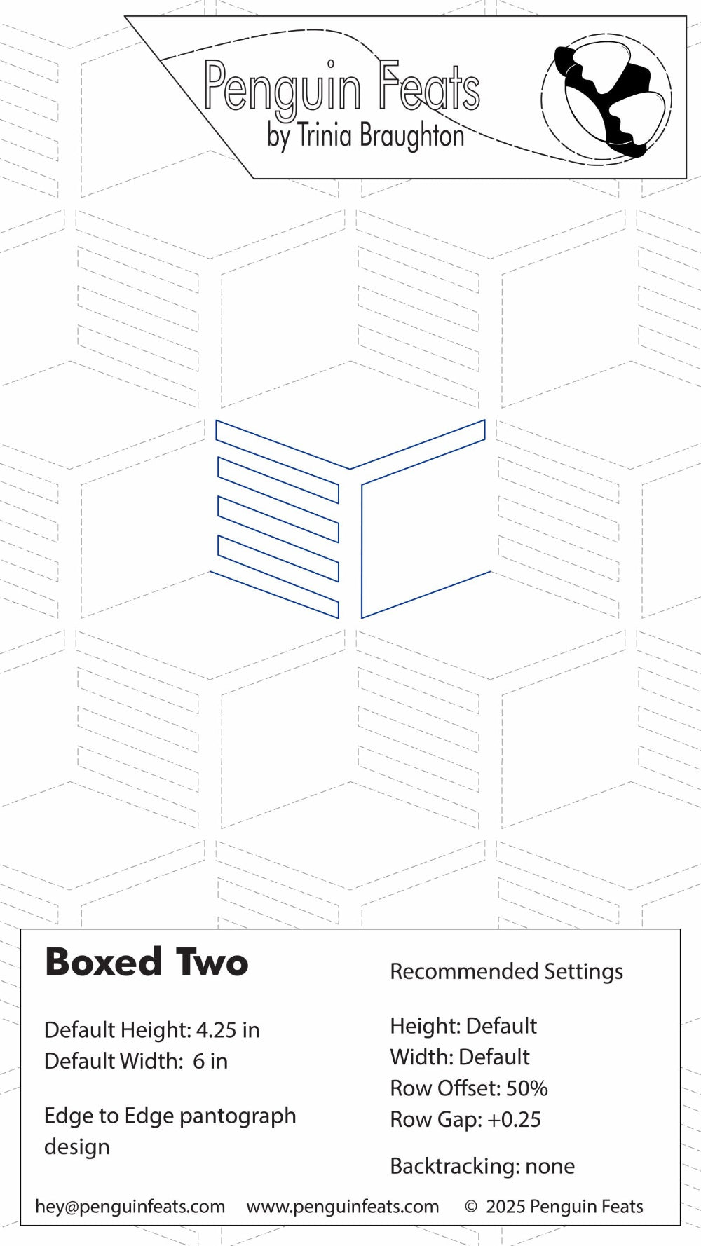Design info sheet for Boxed Two with geometric patterns and text at the top.