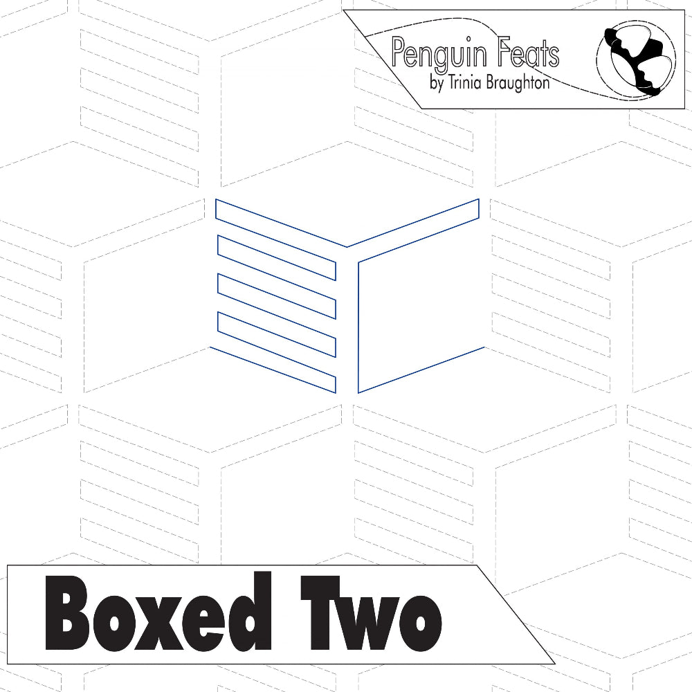 continuous line geometric design and text 'Penguin Feats by Trinia Braughton' and 'Boxed Two'.