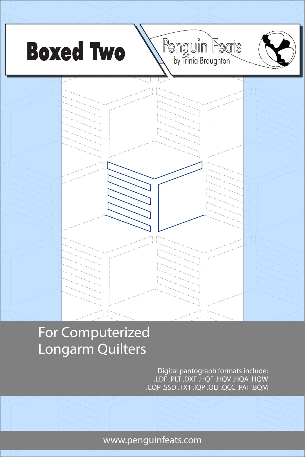 Penguin Feats quilting design Boxed Two  for computerized longarm quilters with blue and gray design on a light blue background.