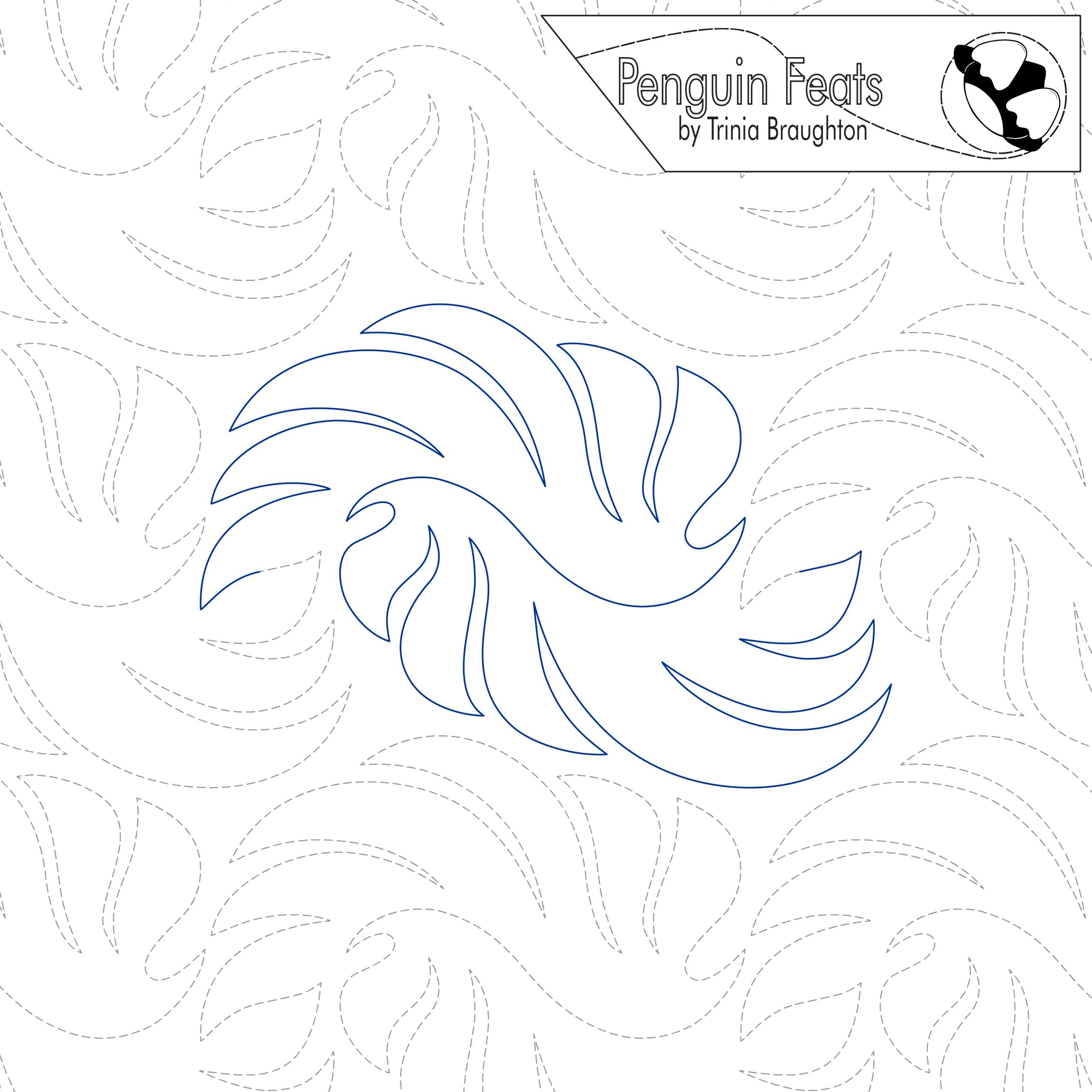Quilting pantograph with swirling leaf design on a white background, featuring the brand 'Penguin Feats'