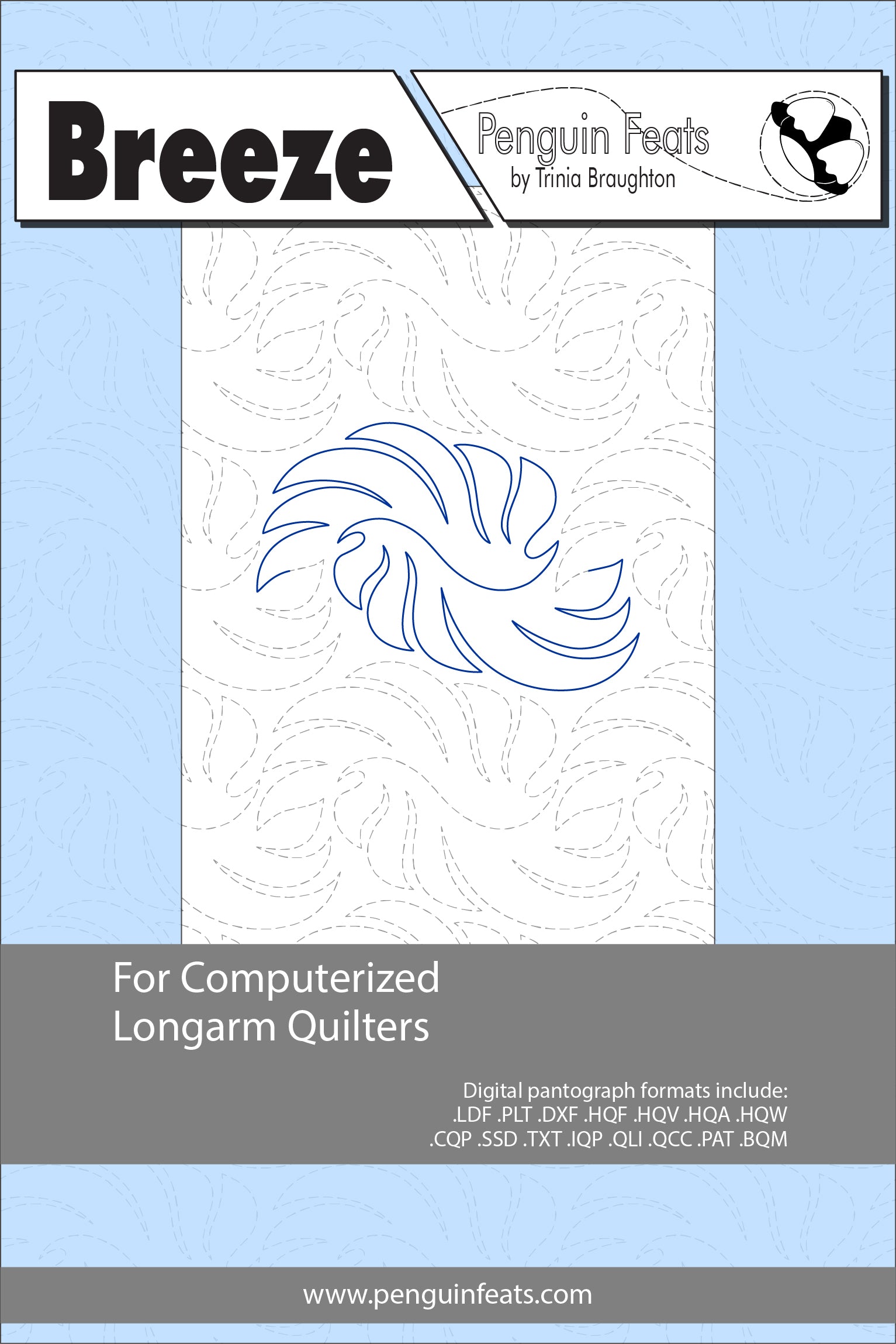 Penguin Feats design sheet for computerized longarm quilters with a blue and gray design on a light blue background.