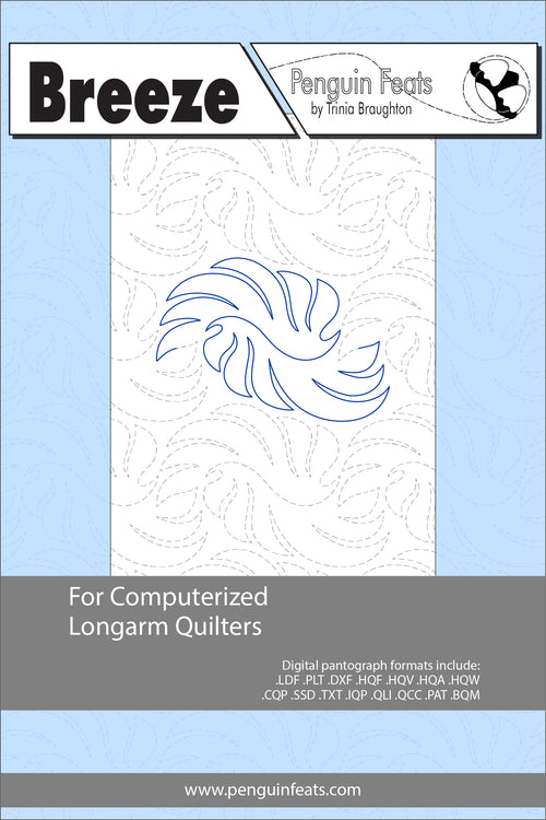 Penguin Feats design sheet for computerized longarm quilters with a blue and gray design on a light blue background.
