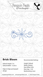Design card for 'Brisk Bloom' pattern by Trinia Braughton with blue snowflake design on a white background.